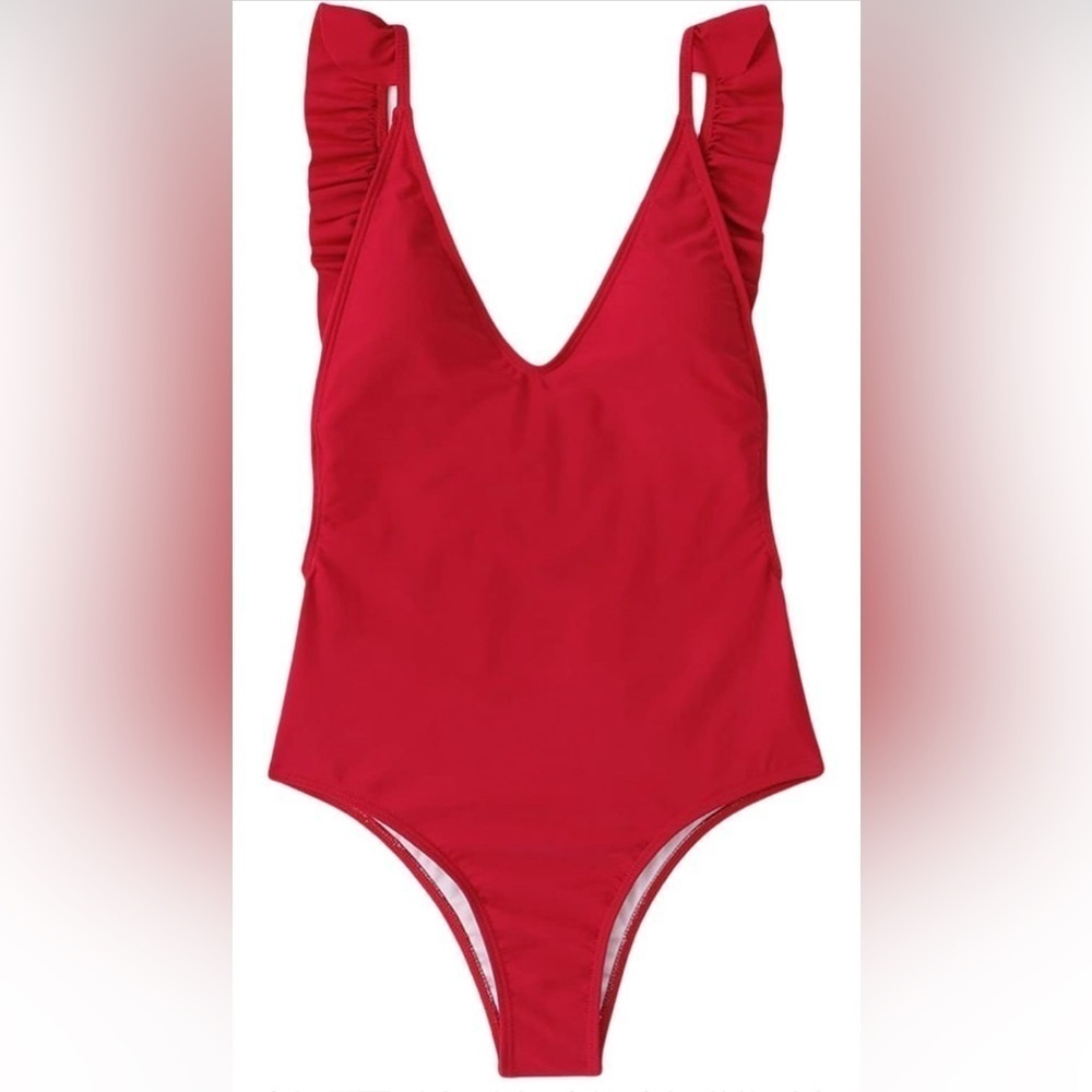 One Piece Swimsuit V neck Backless Solid Ruffle Strap Red sz Large